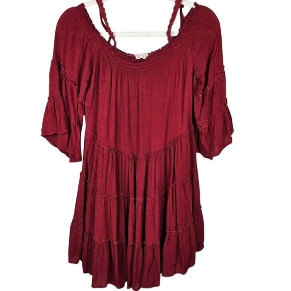 Altar'D State Red Mini Dress Tiered Boho Off the Shoulder Bell Sleeve Size Small - Picture 1 of 10